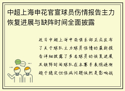 中超上海申花官宣球员伤情报告主力恢复进展与缺阵时间全面披露 中超上海申花官宣球员伤情报告主力恢复进展与缺阵时间全面披露